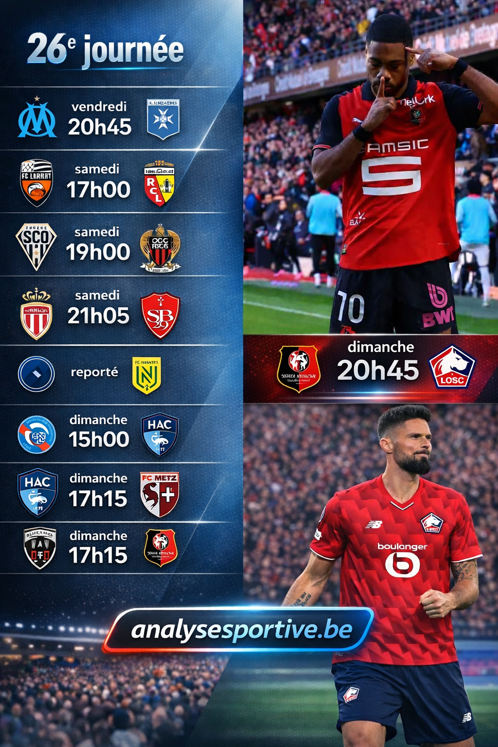 programme ligue 1 26e journée matchs 13 14 15 mars 2026