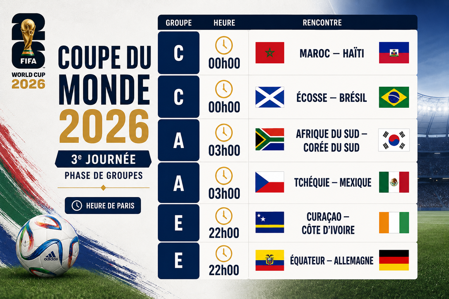 Programme de la 3e journée de la Coupe du Monde 2026 avec les matchs Maroc-Haïti, Écosse-Brésil, Afrique du Sud-Corée du Sud, Tchéquie-Mexique, Curaçao-Côte d'Ivoire et Équateur-Allemagne.