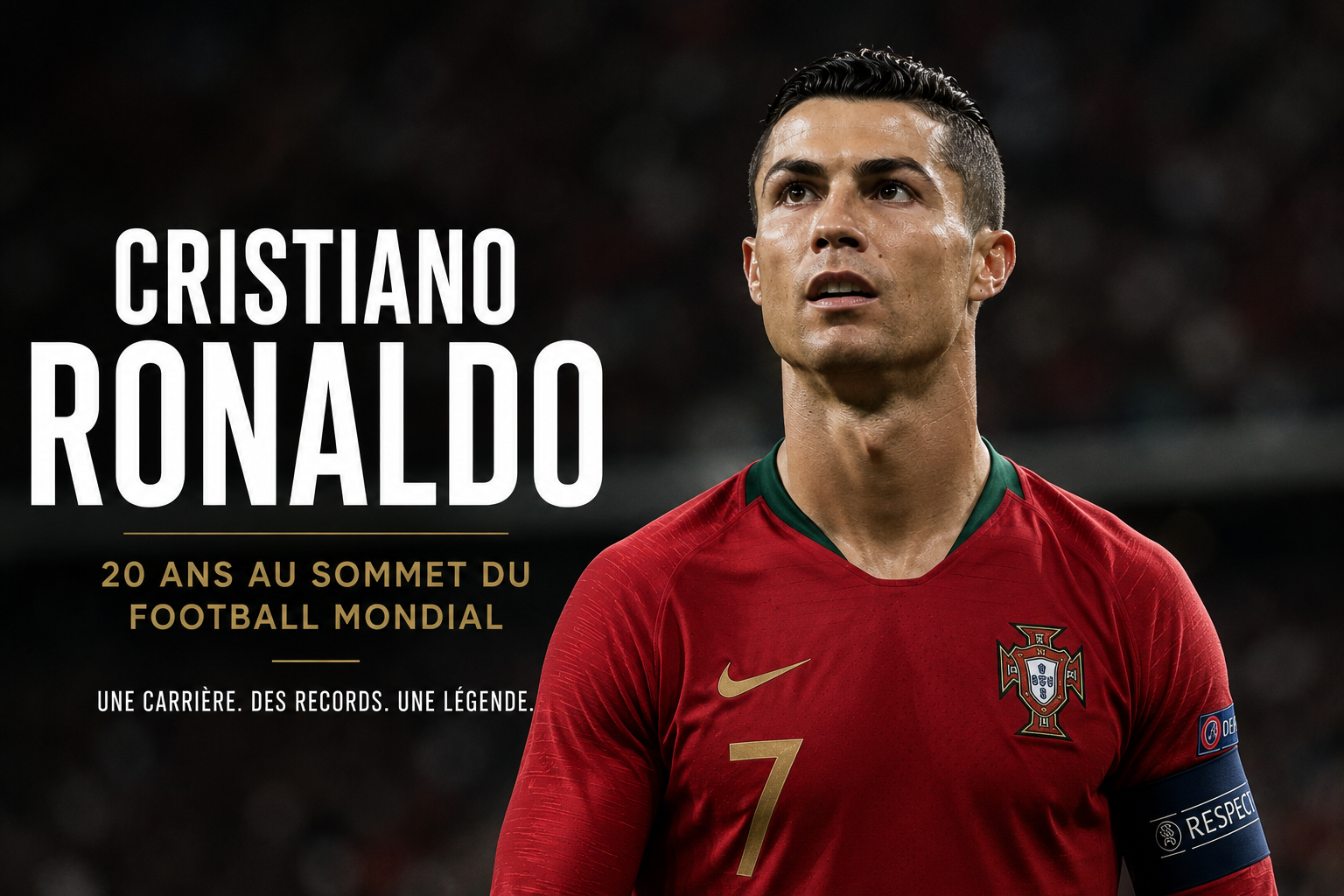 Cristiano Ronaldo sous le maillot du Portugal dans une affiche célébrant ses 20 ans au plus haut niveau du football mondial.